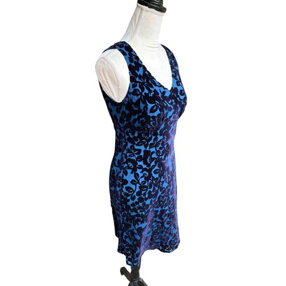 Vintage Laura Ashley Blue V Neck Sleeveless Velvet Floral Overlay Dress - 6 - Picture 3 of 9